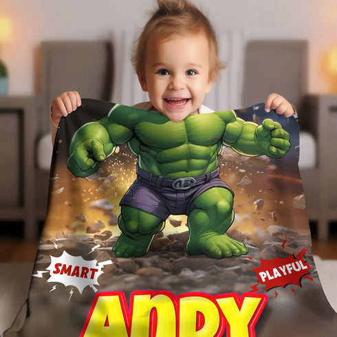 Personalized Baby Hulk Blanket – Custom Name & Date – Superhero Fleece Blanket Gift
